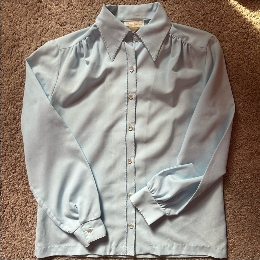 Vintage Lee Mar Pageant Secretary Blouse – Powder Blue Scallop Trim – Size 12